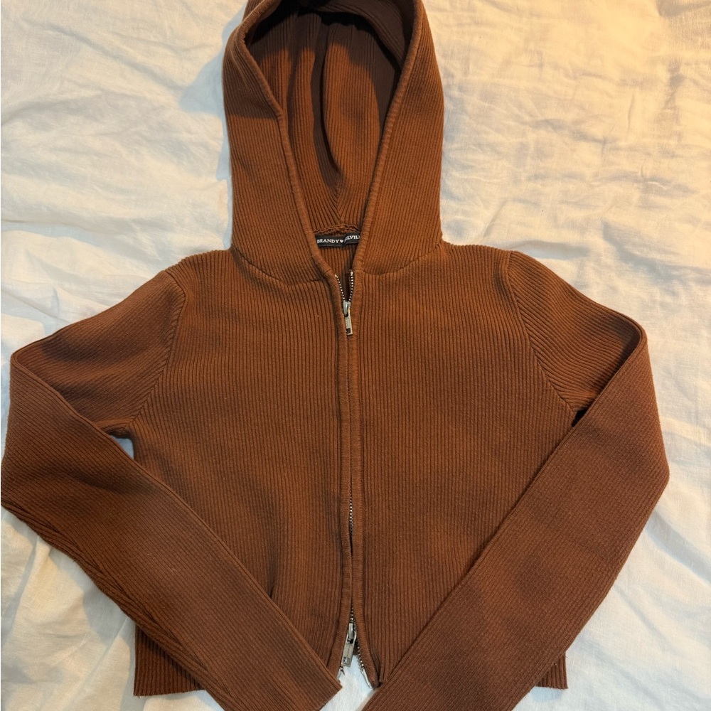 Brandy Melville Brown Ribbed Zip-Up Sweater